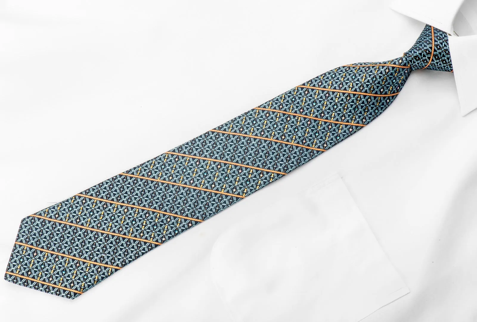 Renoma Men's Crystal Rhinestone Tie Trellis Orange Striped On Blue With Gold Sparkles
