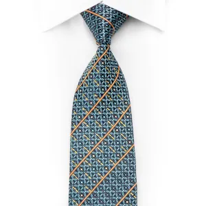 Renoma Men's Crystal Rhinestone Tie Trellis Orange Striped On Blue With Gold Sparkles