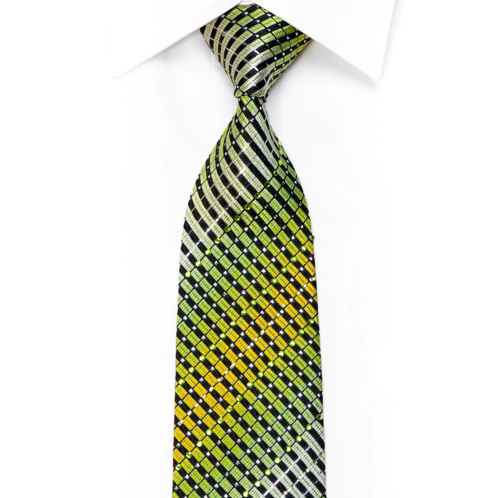 Rogers Dail Rhinestone Silk Necktie Green Striped On Black With Sparkles