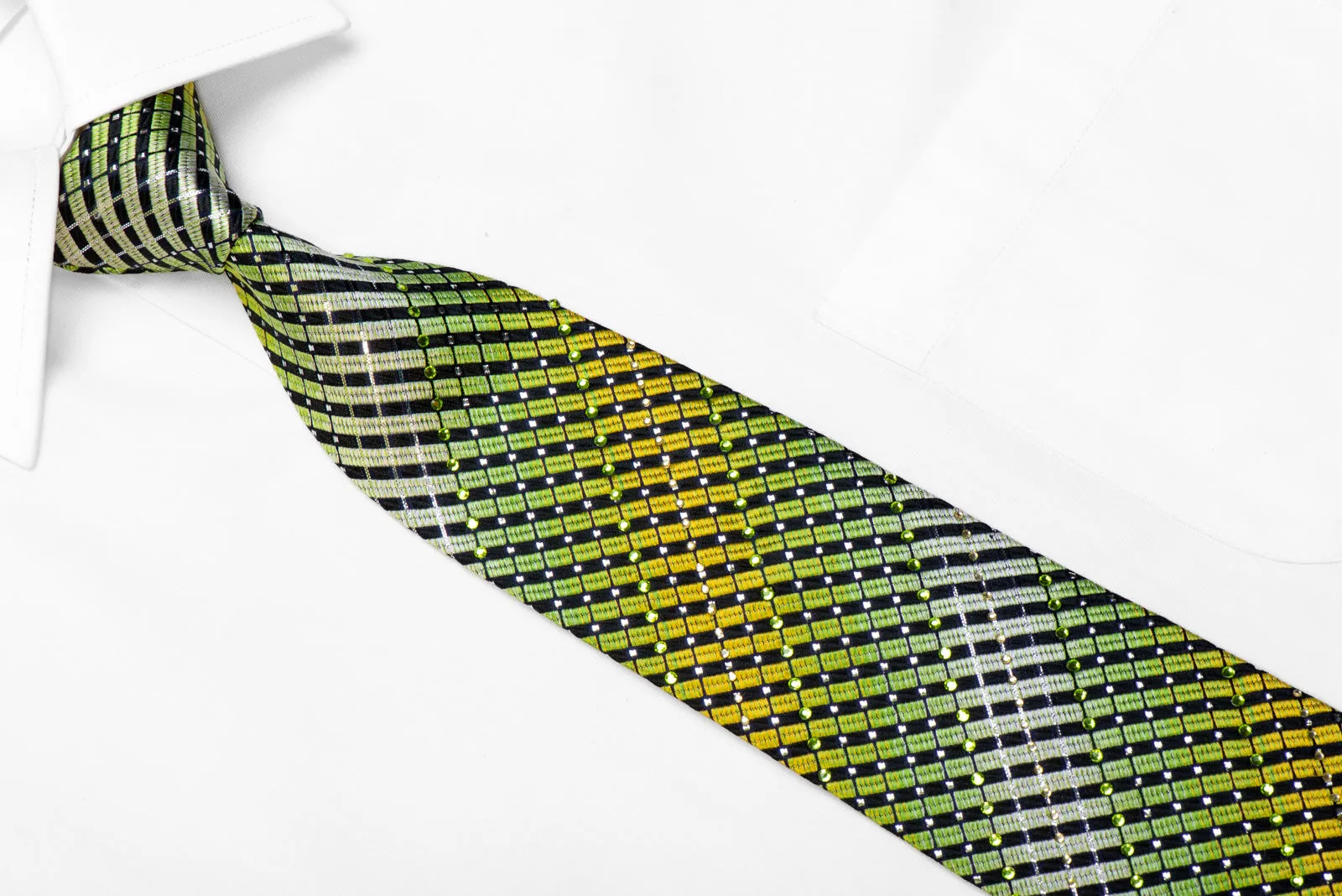 Rogers Dail Rhinestone Silk Necktie Green Striped On Black With Sparkles