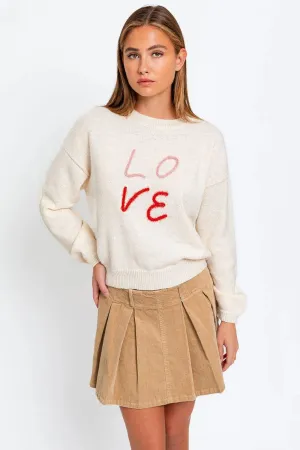 Round Neck "LOVE" Embroidered Pullover Knit Sweater