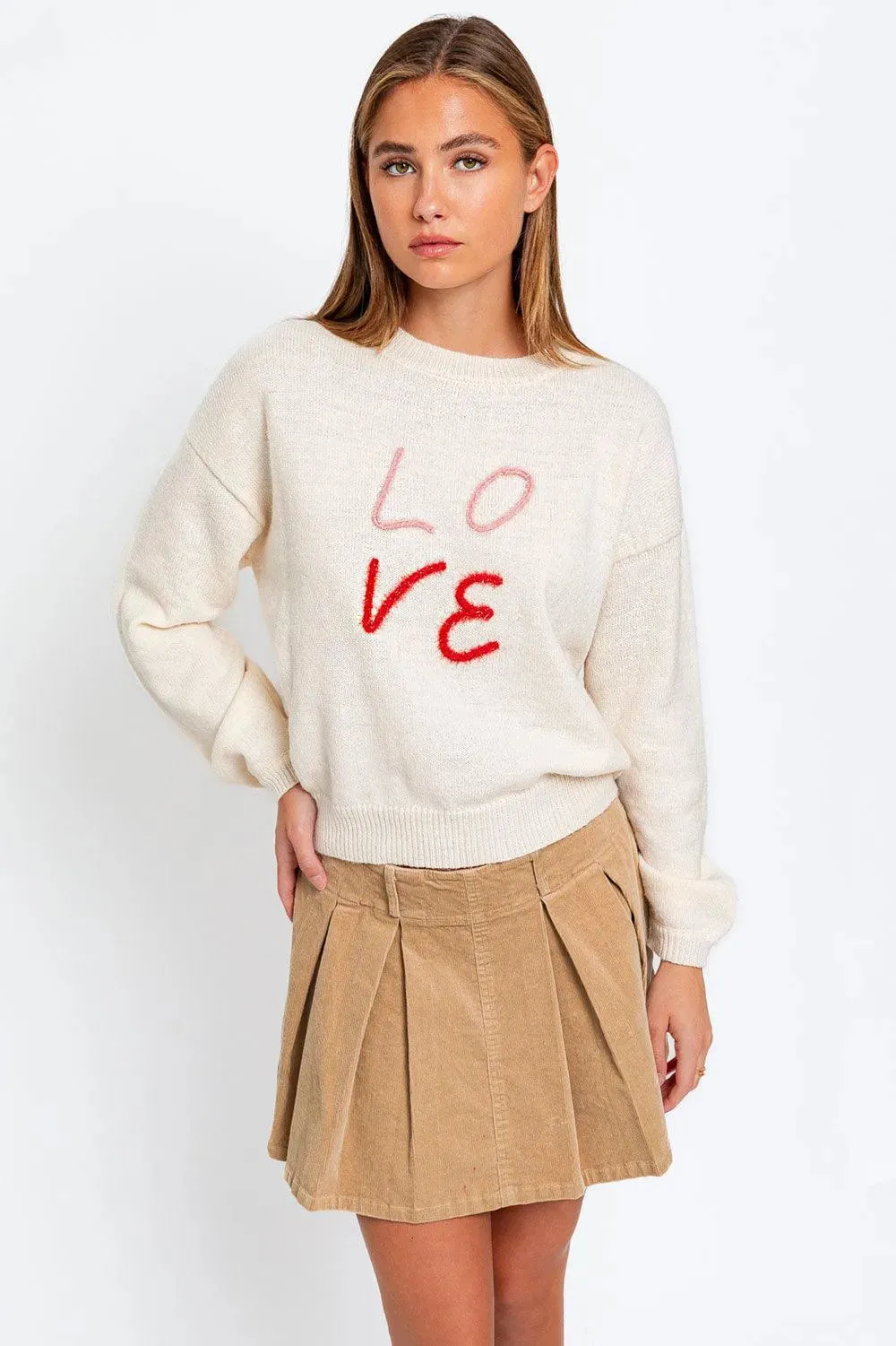 Round Neck "LOVE" Embroidered Pullover Knit Sweater