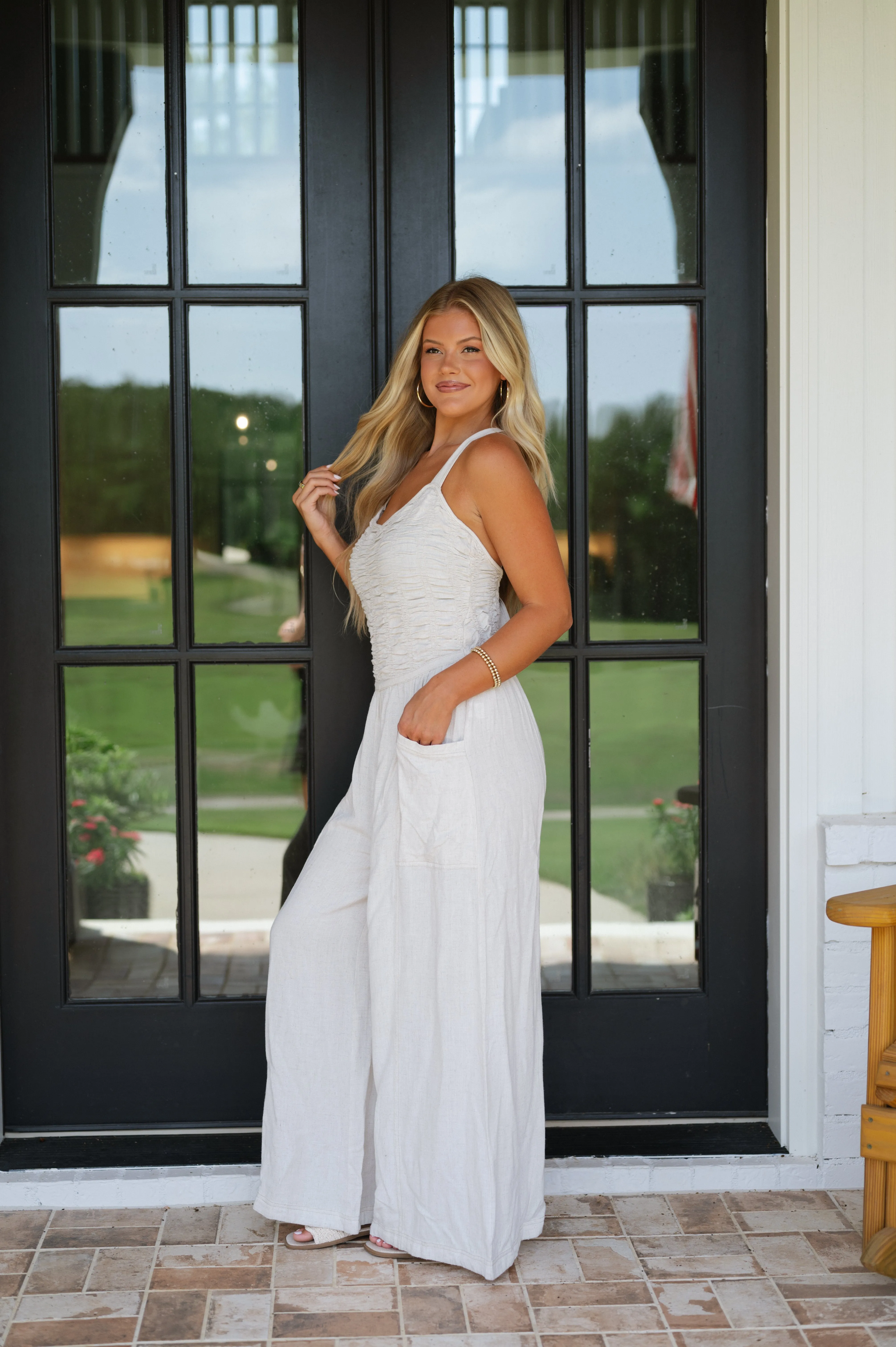Ruched Pocketed Jumpsuit-Natural