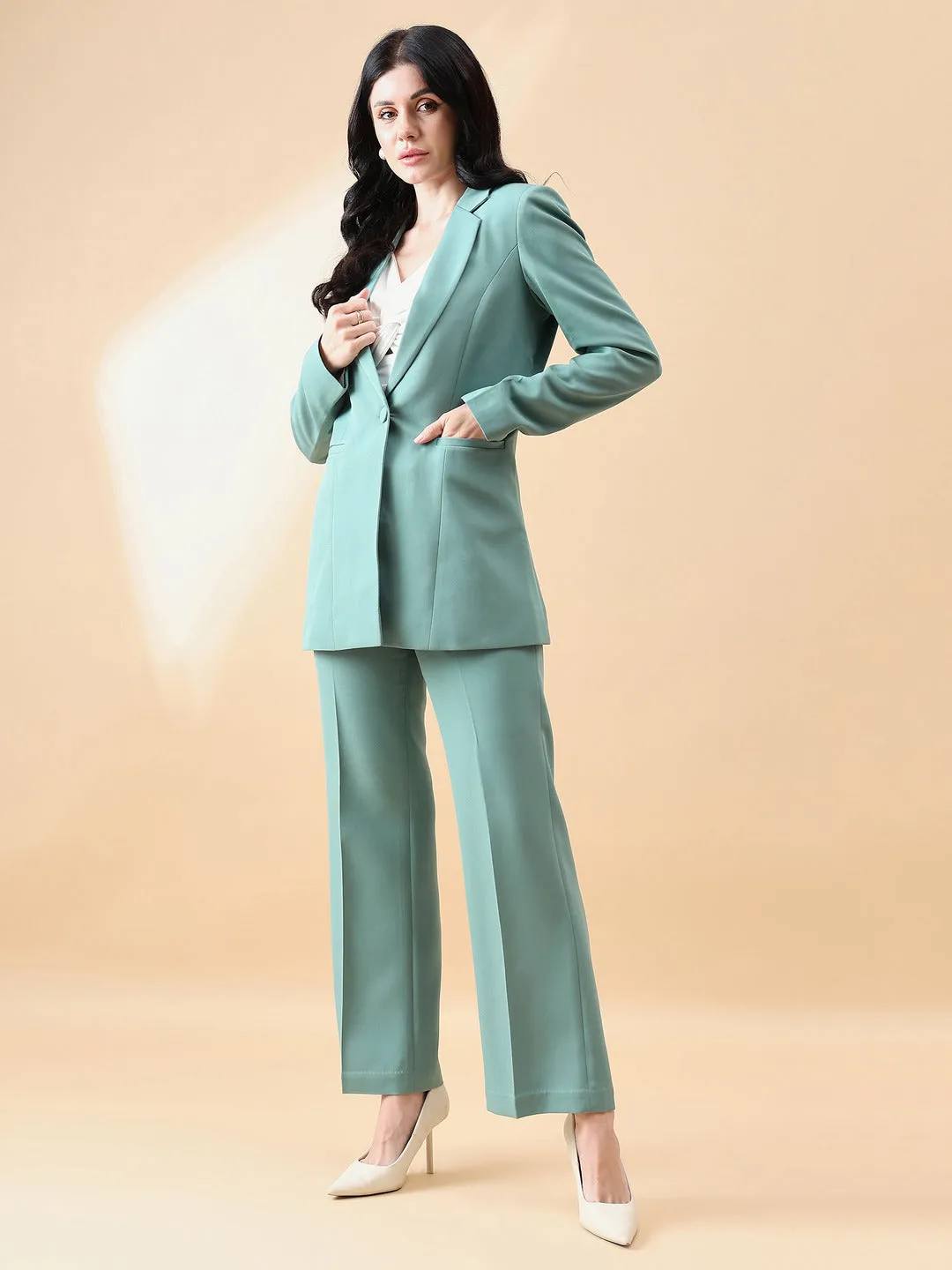 Sage Green Polyester Notch Collar Stretch Pant Suit