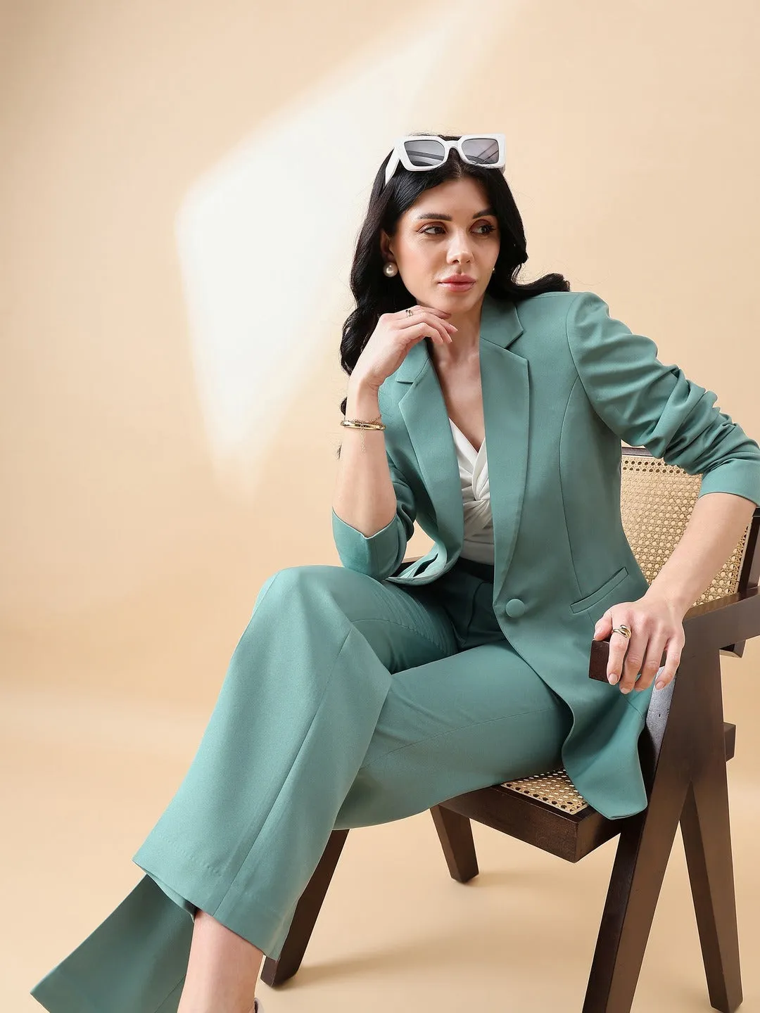 Sage Green Polyester Notch Collar Stretch Pant Suit