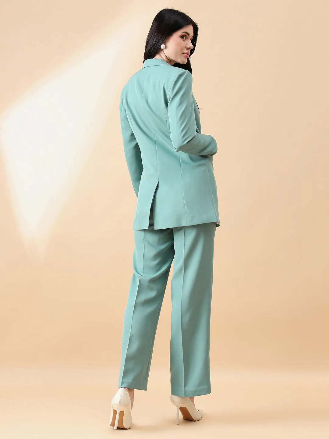 Sage Green Polyester Notch Collar Stretch Pant Suit