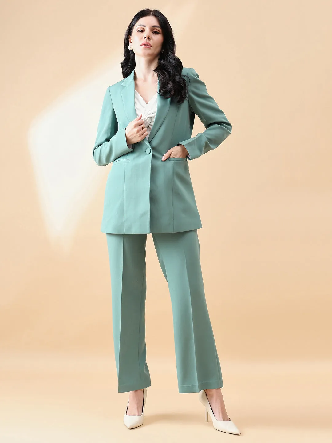 Sage Green Polyester Notch Collar Stretch Pant Suit