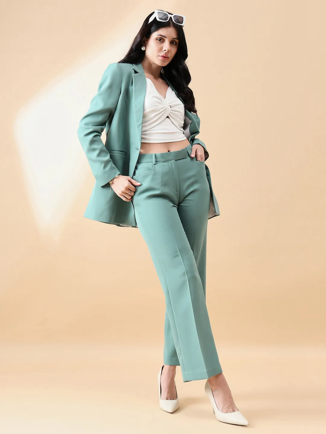 Sage Green Polyester Notch Collar Stretch Pant Suit