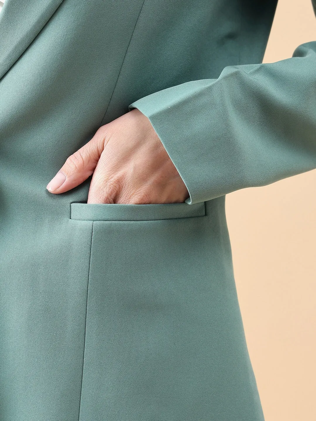 Sage Green Polyester Notch Collar Stretch Pant Suit