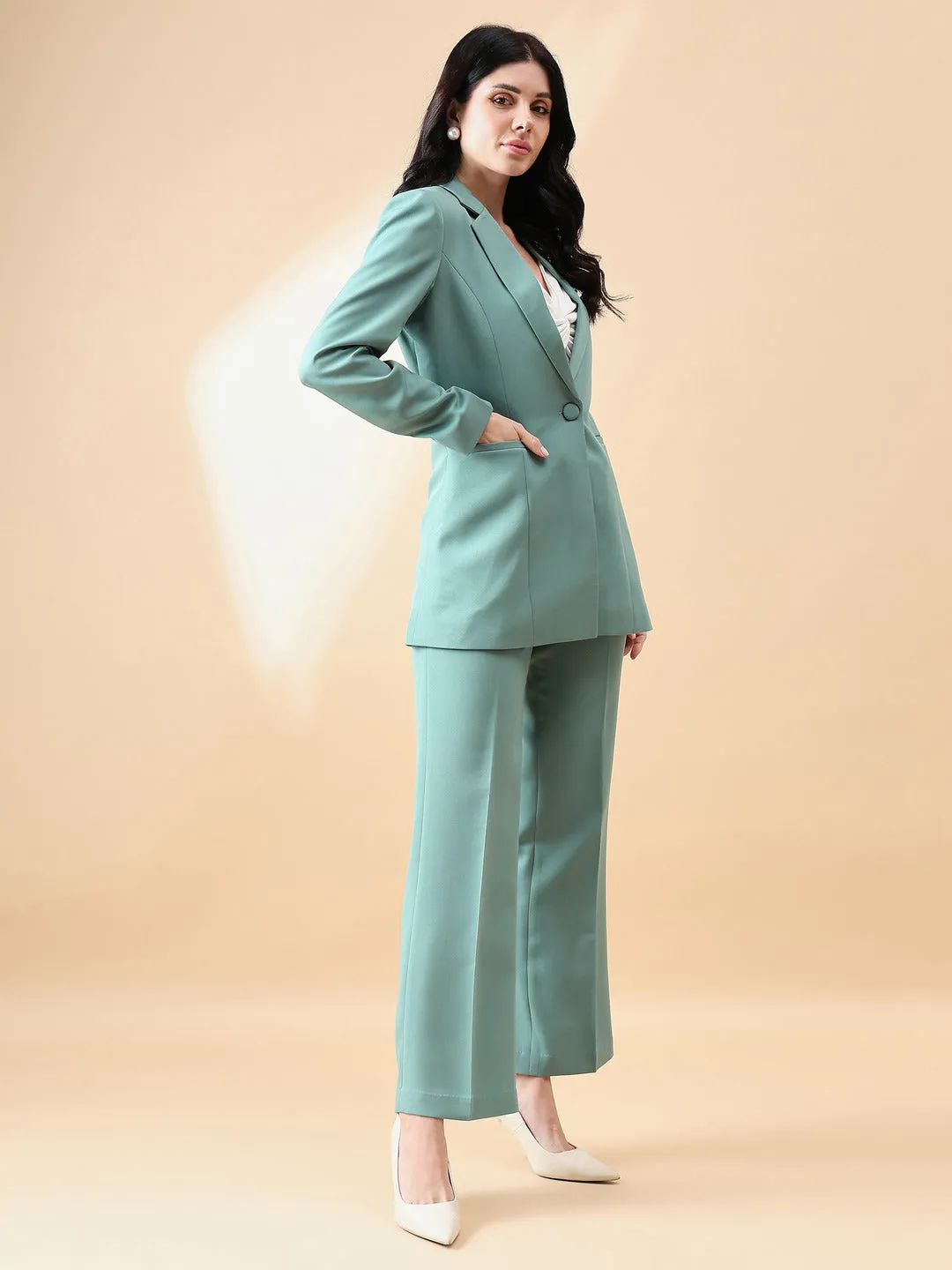 Sage Green Polyester Notch Collar Stretch Pant Suit