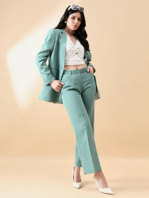Sage Green Polyester Notch Collar Stretch Pant Suit