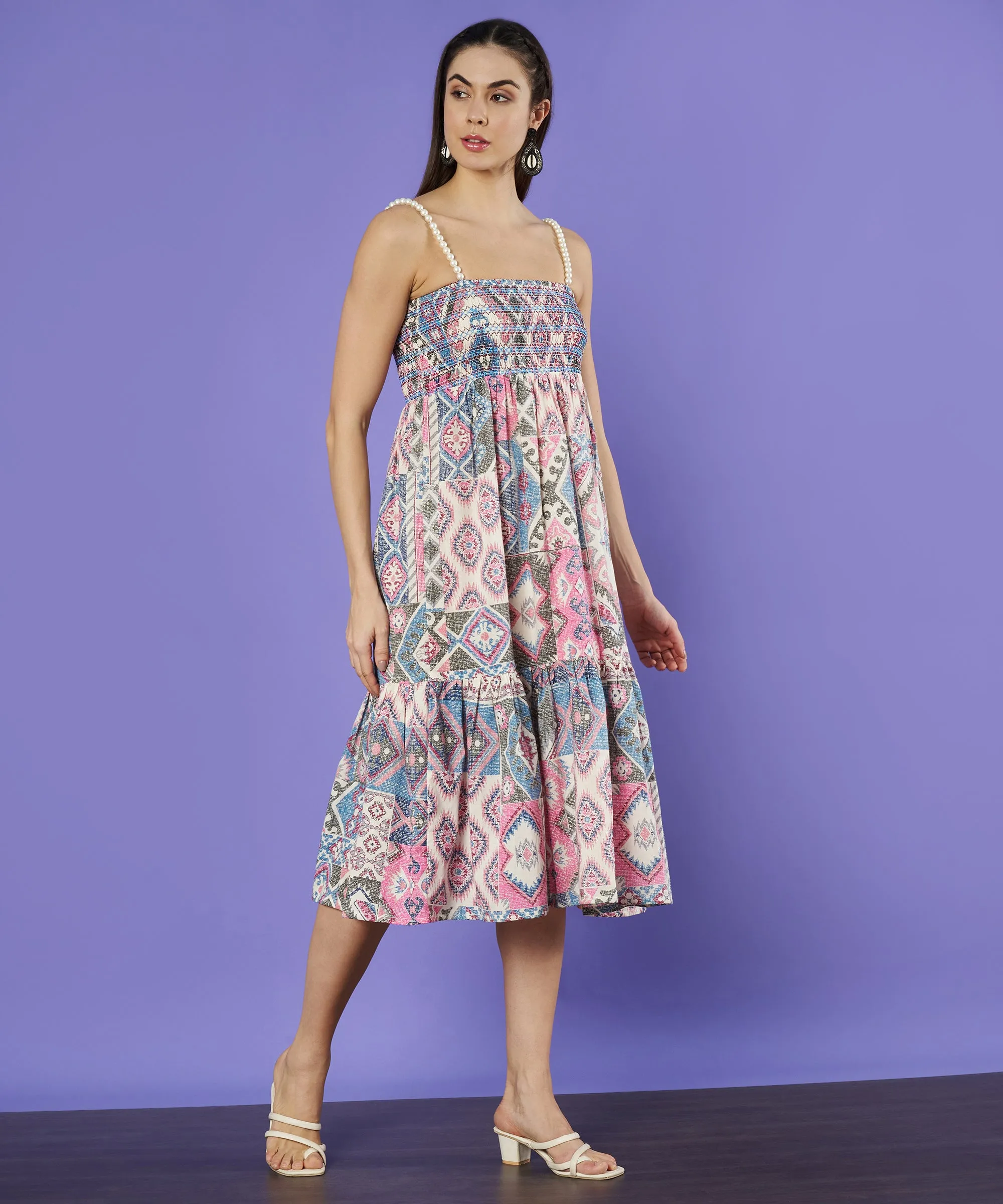 Smocked Floral Tiered Flared Midi Dress for Women