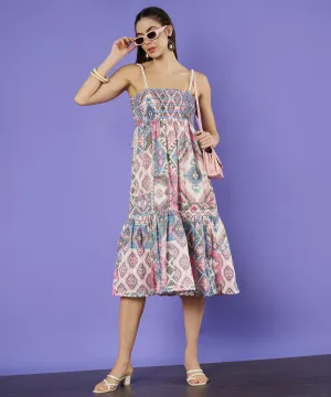 Smocked Floral Tiered Flared Midi Dress for Women