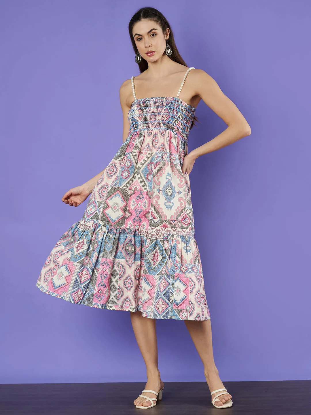 Smocked Floral Tiered Flared Midi Dress for Women