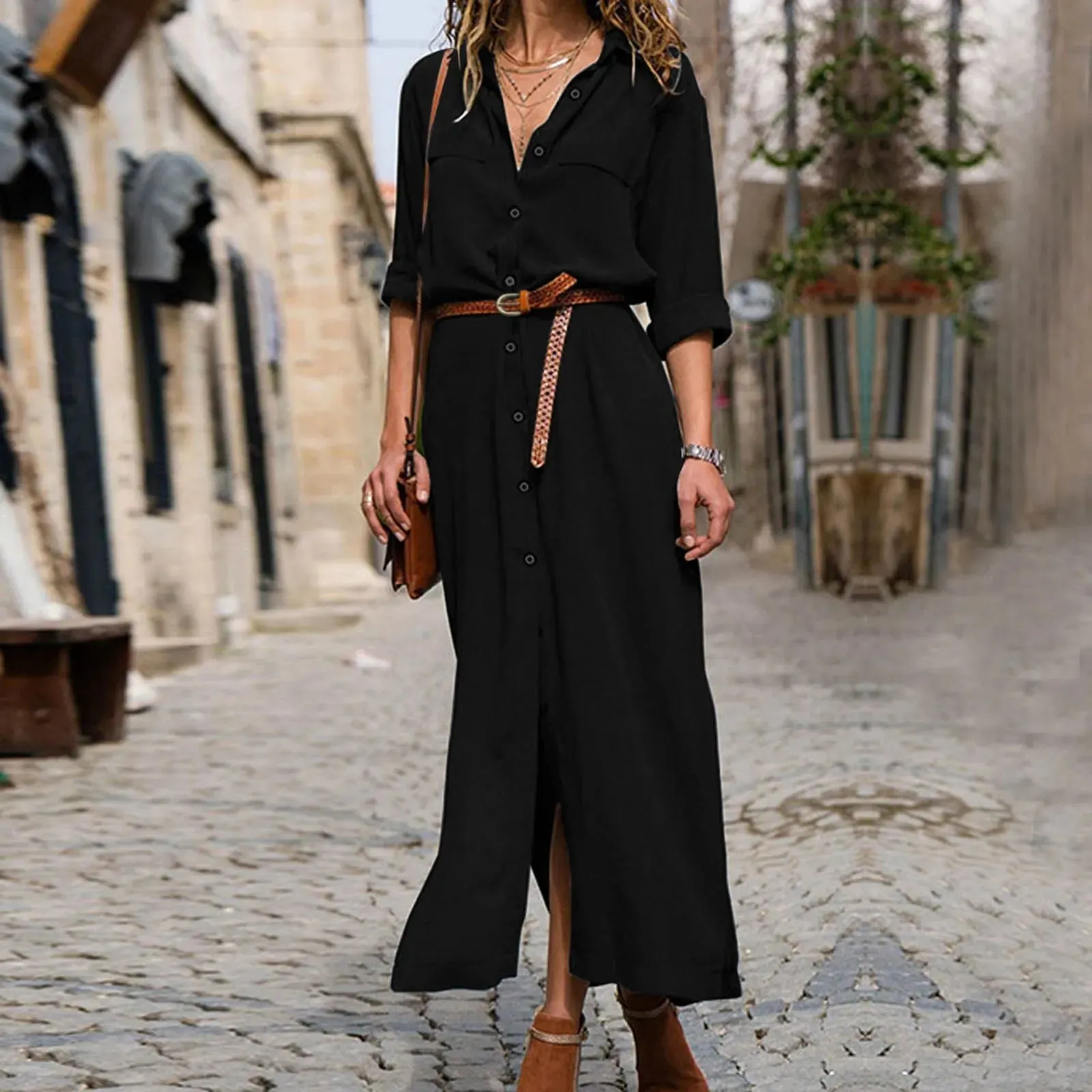 Solid Button Lapel Casual Long Belt Girl Female Midi Casual Dress