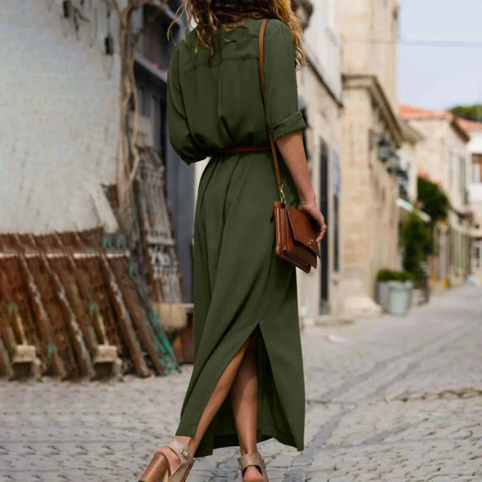 Solid Button Lapel Casual Long Belt Girl Female Midi Casual Dress