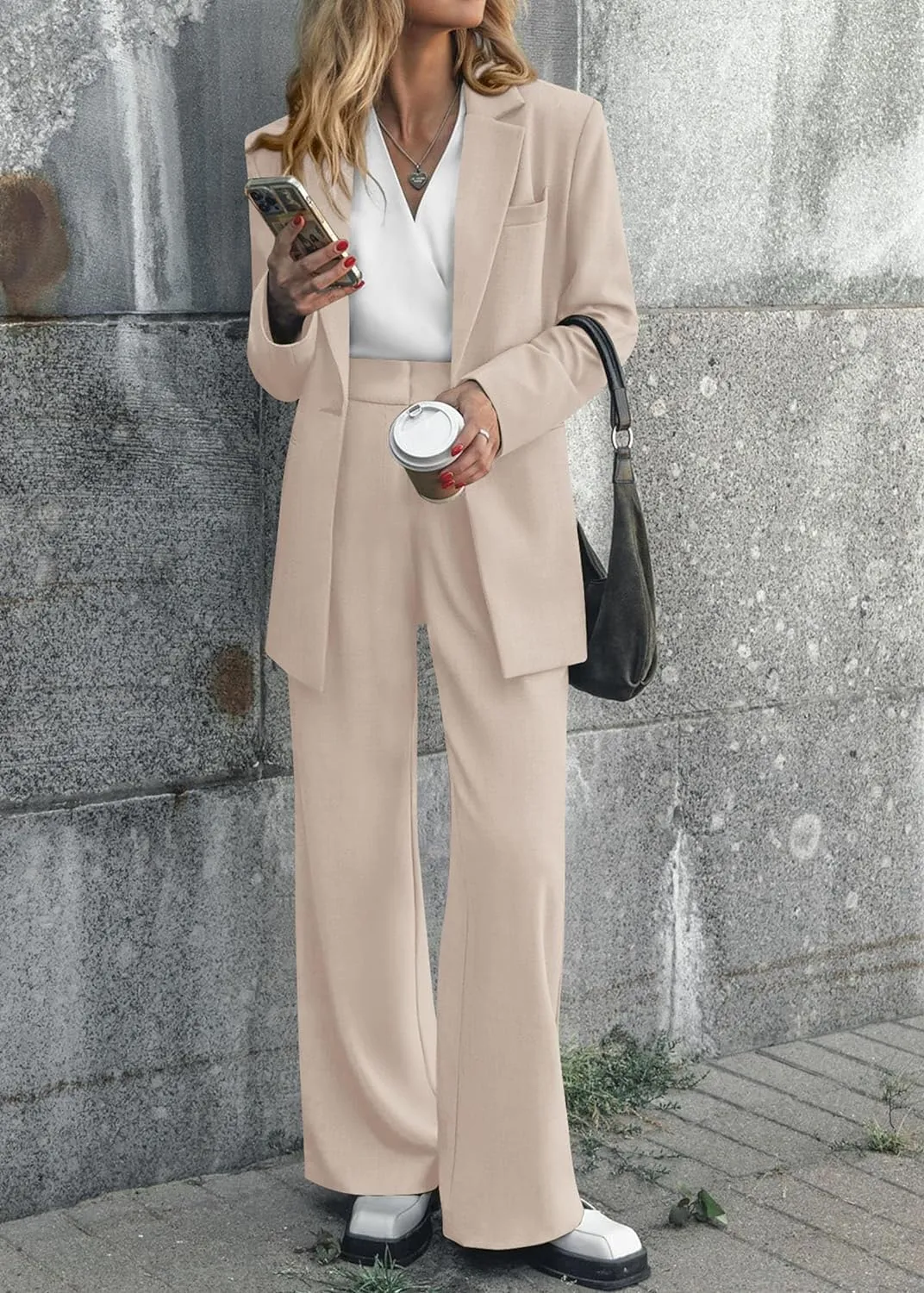 Sophisticated Working Woman Beige Blazer & Pants Suit Set