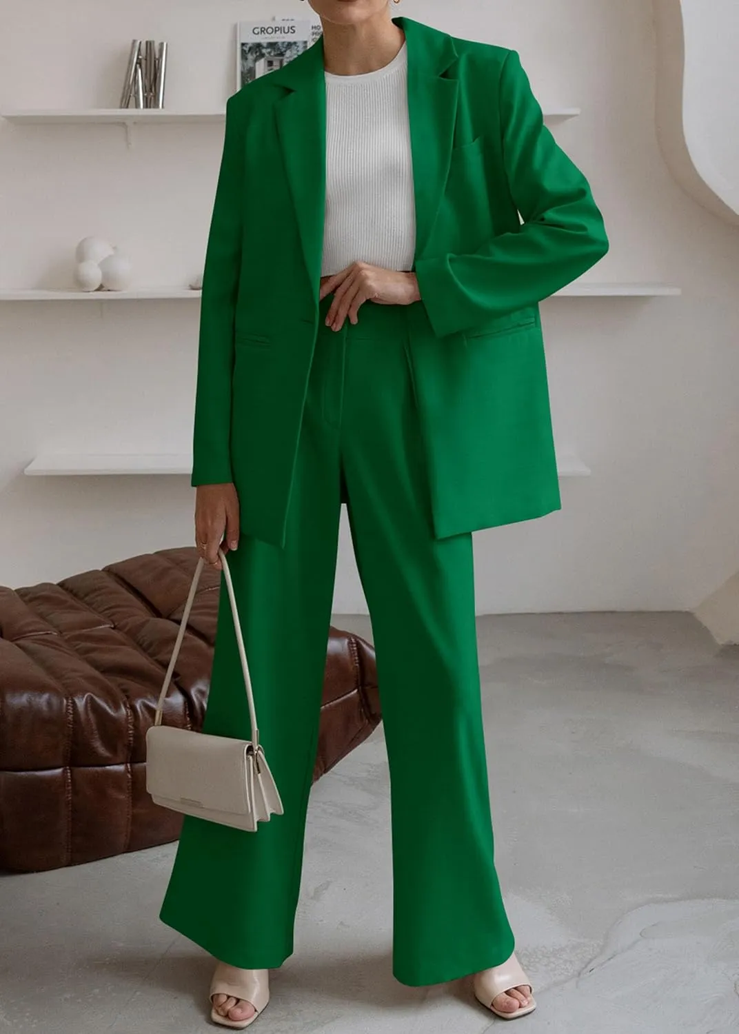 Sophisticated Working Woman Beige Blazer & Pants Suit Set