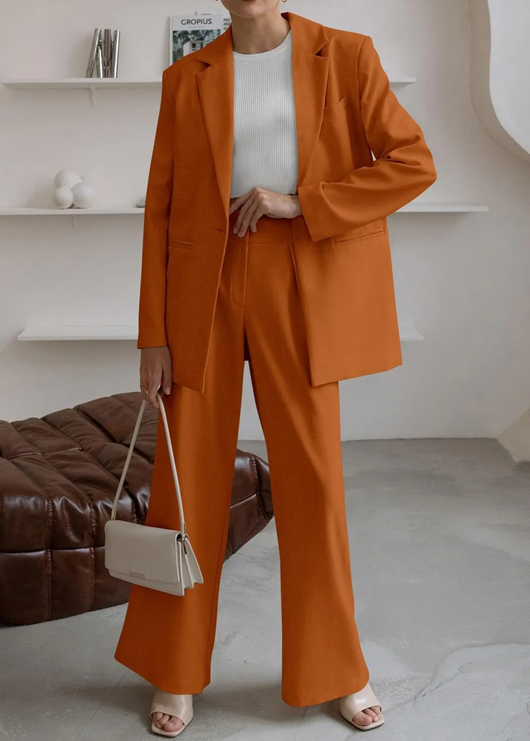 Sophisticated Working Woman Beige Blazer & Pants Suit Set