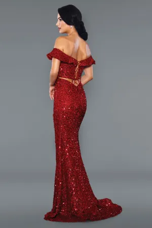 Stella Couture 22032 Size 12 Red Long Fitted off the shoulder formal dress sequin slit Prom Gown