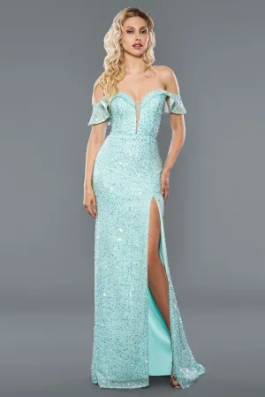 Stella Couture 22032 Size 2 Blue Long Fitted off the shoulder formal dress sequin slit Prom Gown