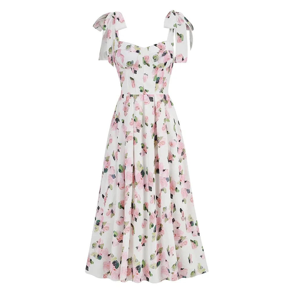 Trend4us Floral Bow-Tie Strap Sweetheart Midi Dress