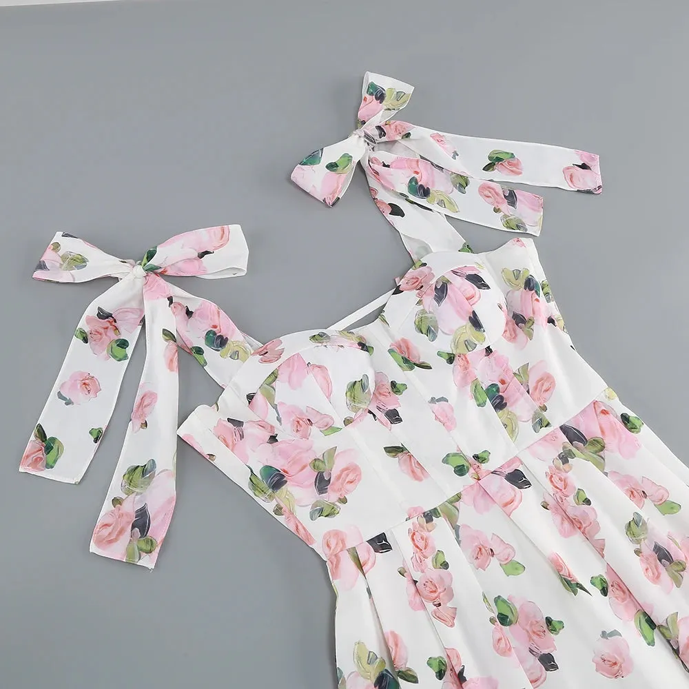 Trend4us Floral Bow-Tie Strap Sweetheart Midi Dress