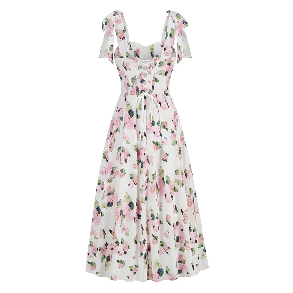 Trend4us Floral Bow-Tie Strap Sweetheart Midi Dress