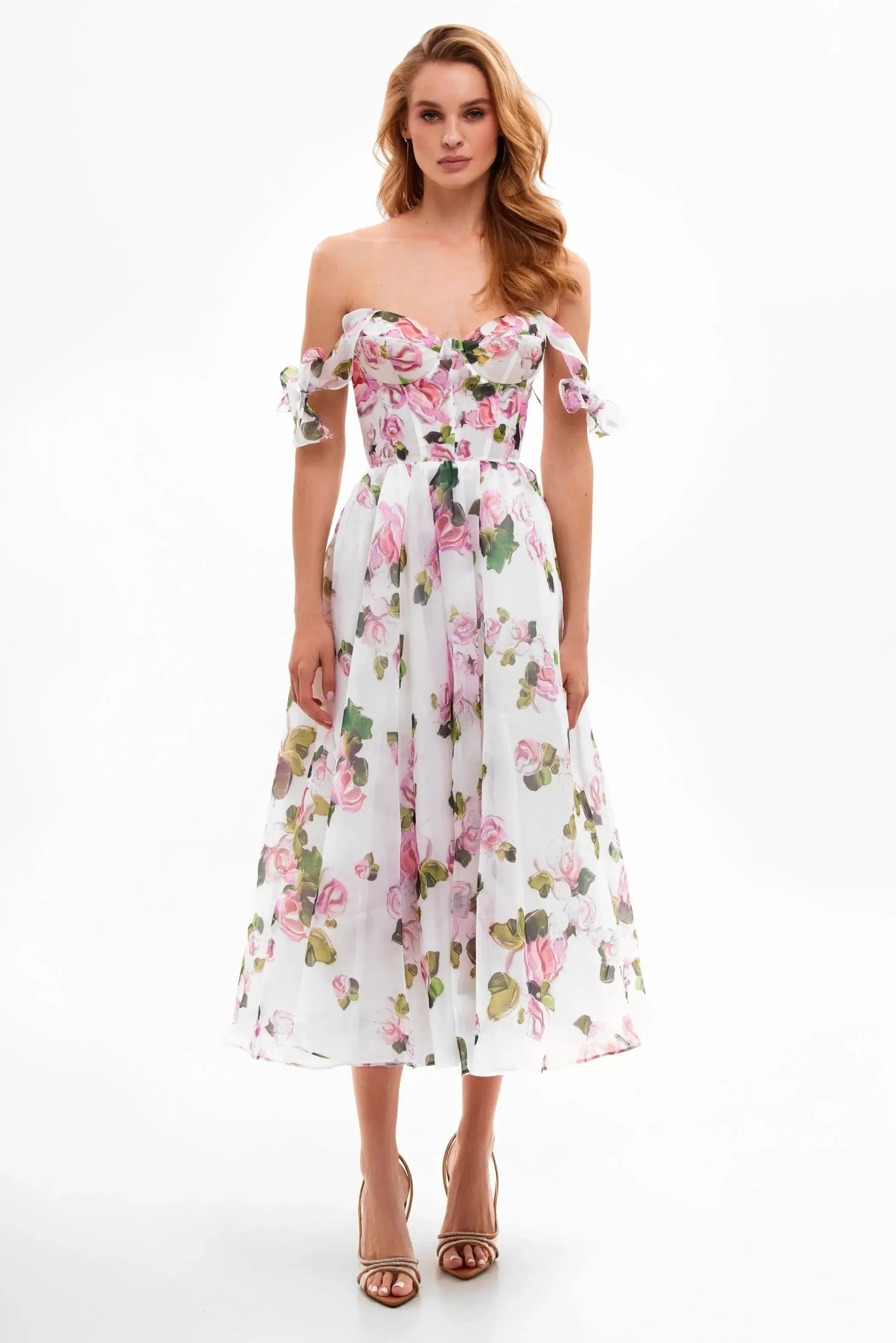Trend4us Floral Bow-Tie Strap Sweetheart Midi Dress