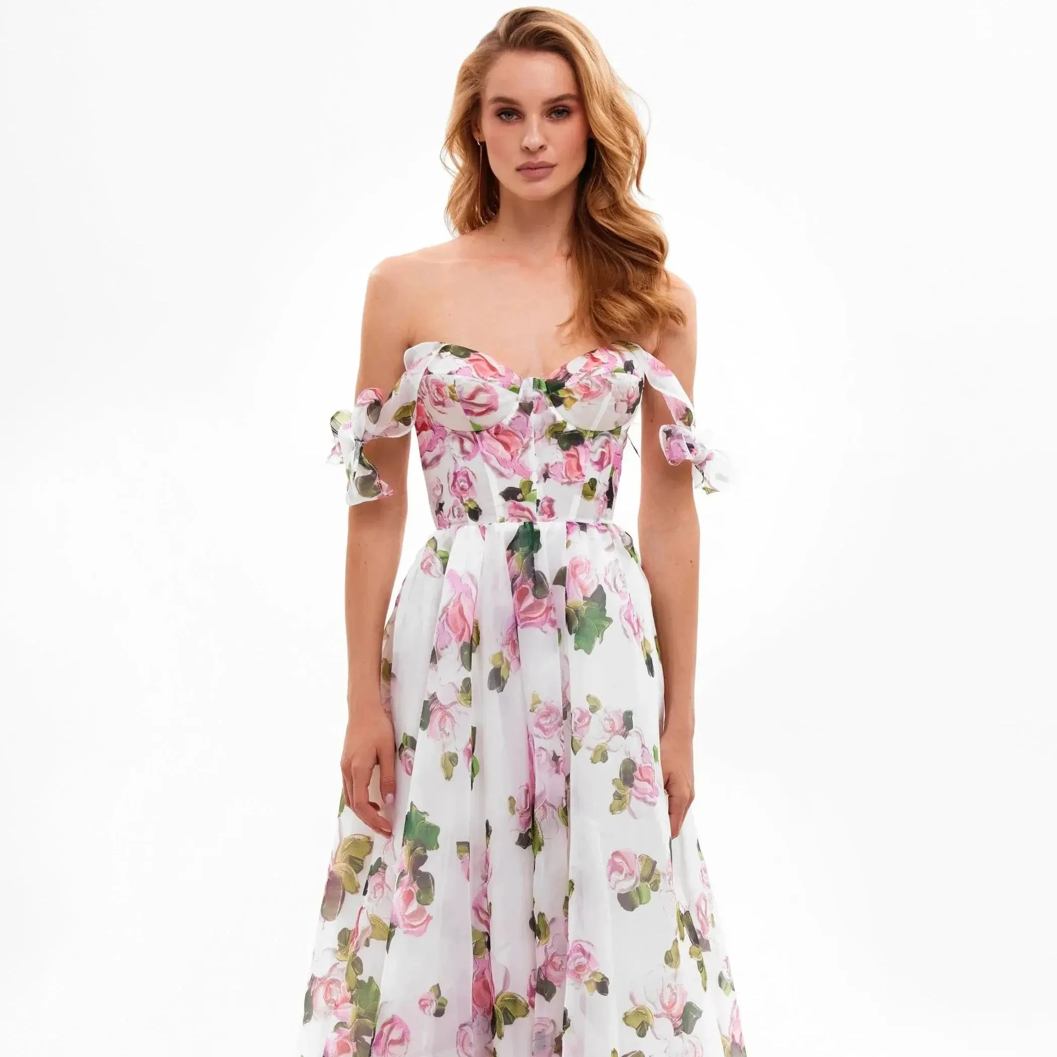 Trend4us Floral Bow-Tie Strap Sweetheart Midi Dress