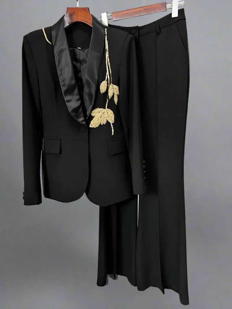 Trend4us Women's Elegant Blazer Wide-Leg Pants Suit