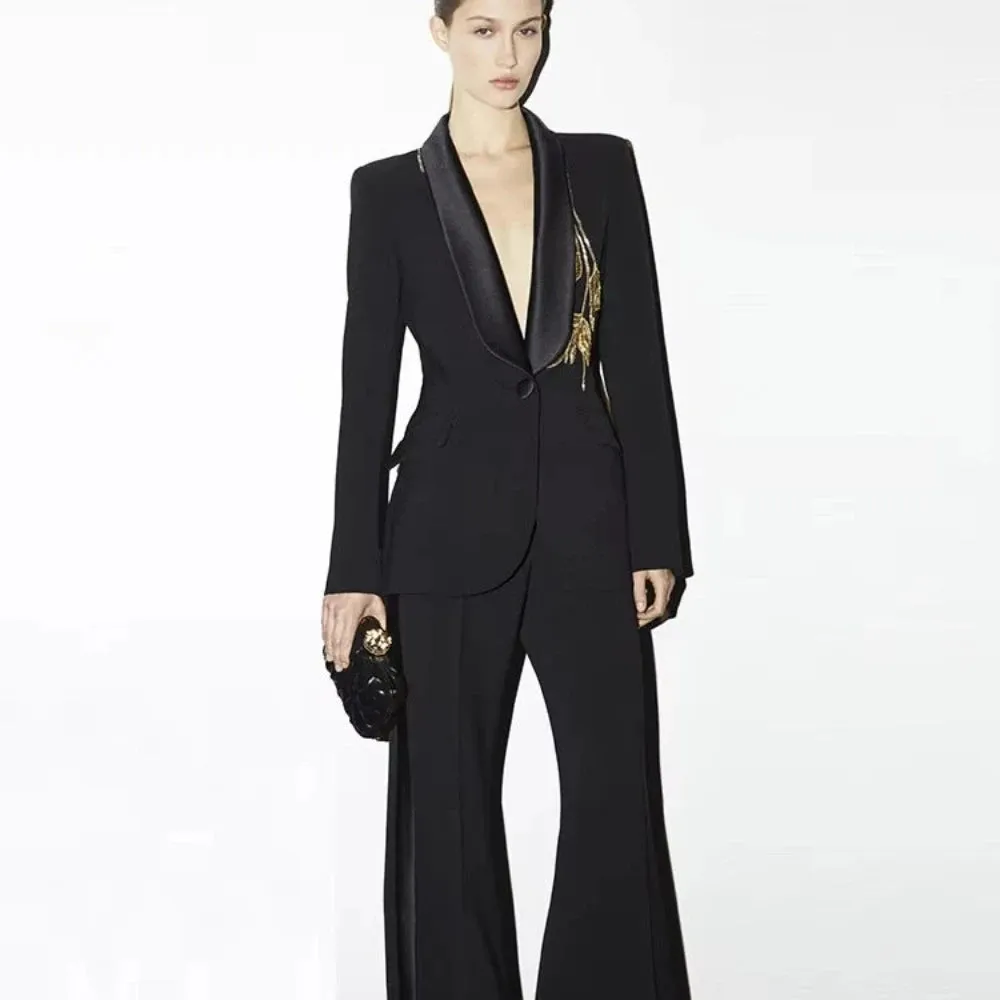 Trend4us Women's Elegant Blazer Wide-Leg Pants Suit
