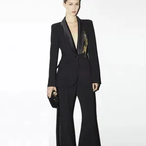 Trend4us Women's Elegant Blazer Wide-Leg Pants Suit