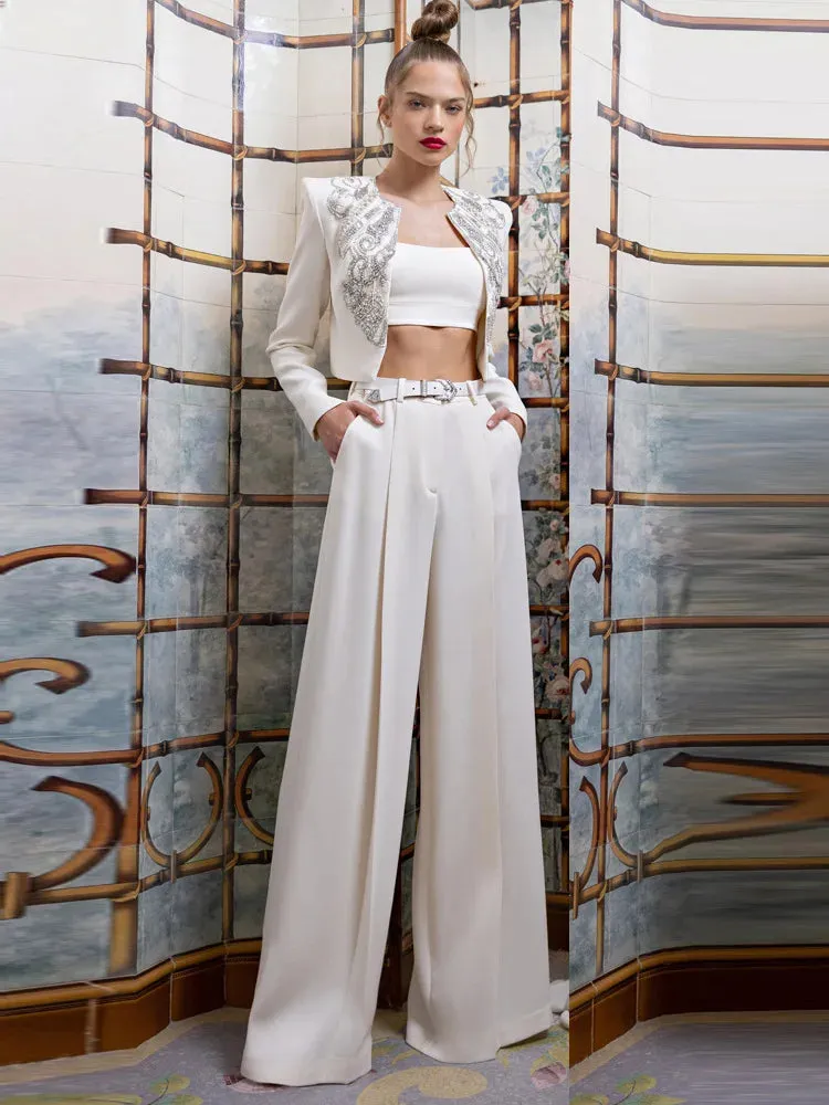 Trend4us Women's Luxury Beaded Crystal Pearl Pant Suits