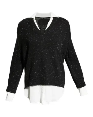 V-Neck Layered Pullover - Black Multi