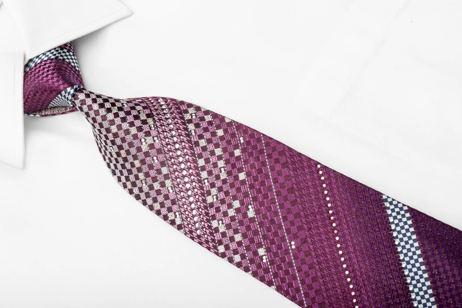 Vito Rufolo Mens Crystal Necktie Purple Silver Checker Striped With Silver Sparkles