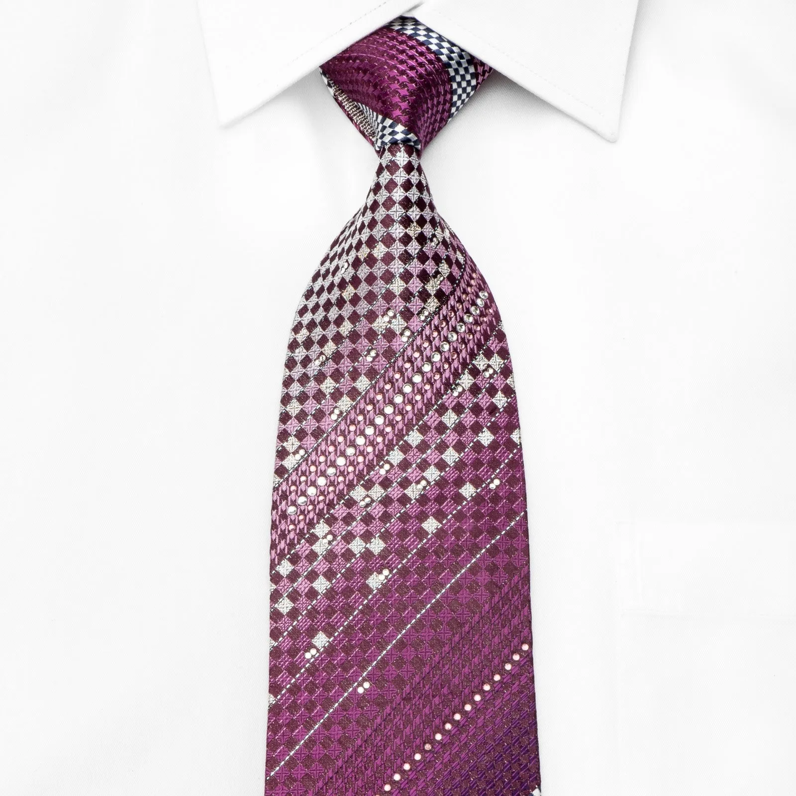Vito Rufolo Mens Crystal Necktie Purple Silver Checker Striped With Silver Sparkles