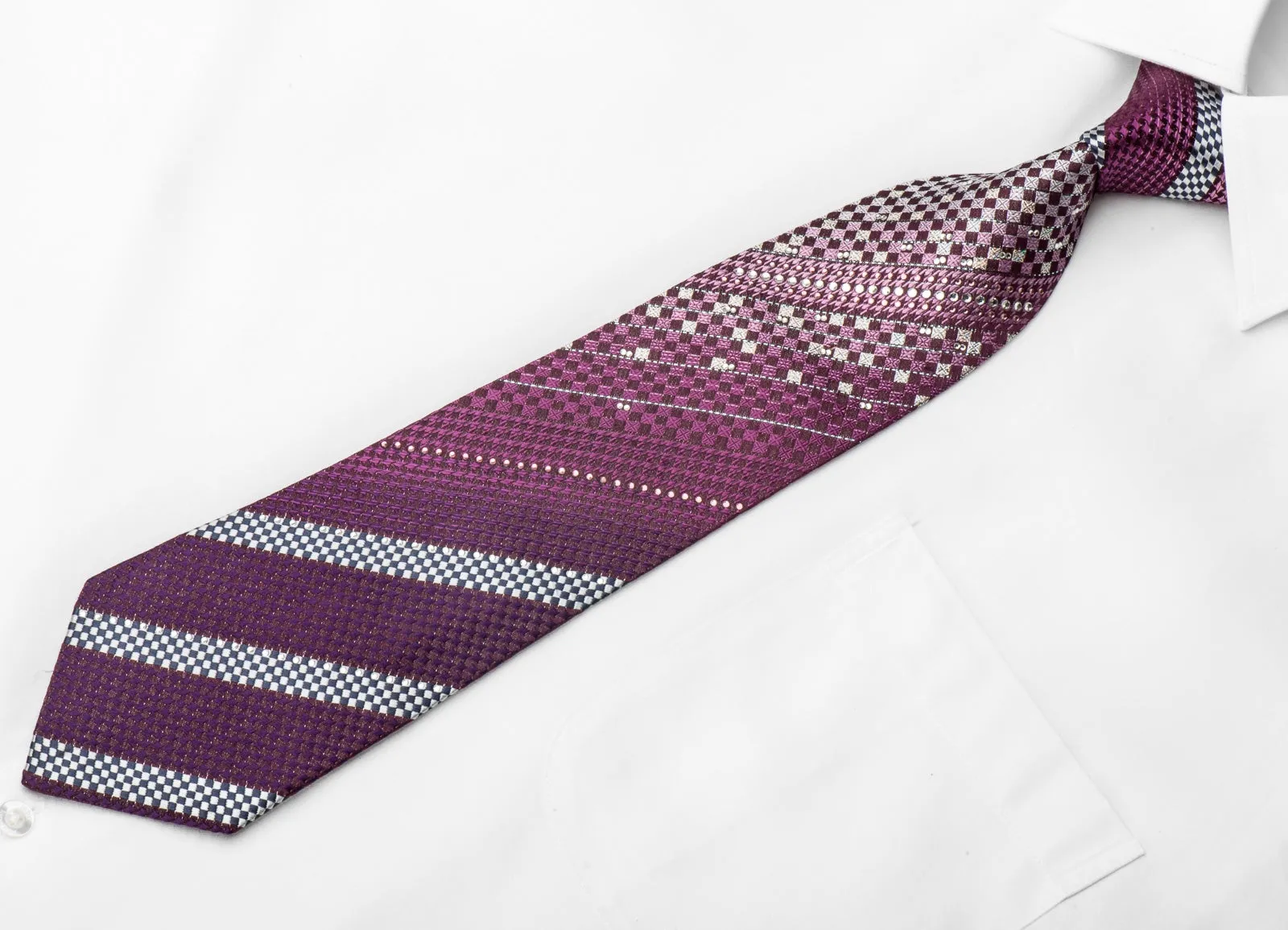 Vito Rufolo Mens Crystal Necktie Purple Silver Checker Striped With Silver Sparkles