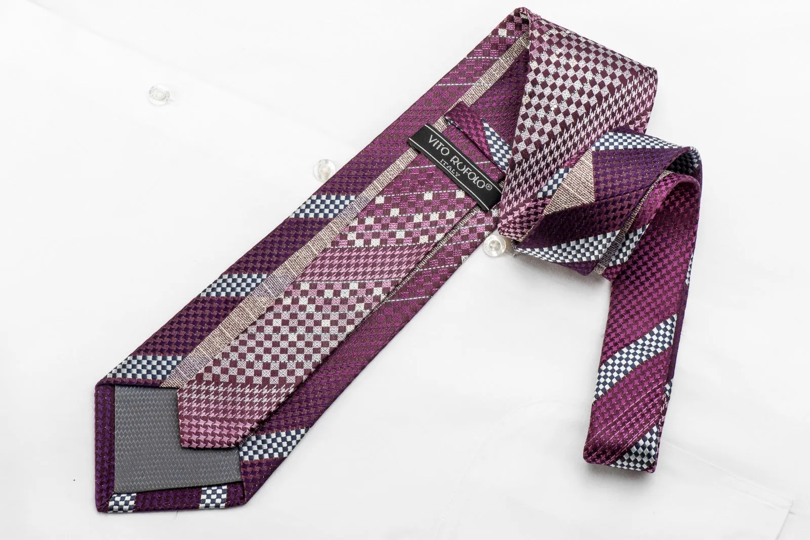 Vito Rufolo Mens Crystal Necktie Purple Silver Checker Striped With Silver Sparkles