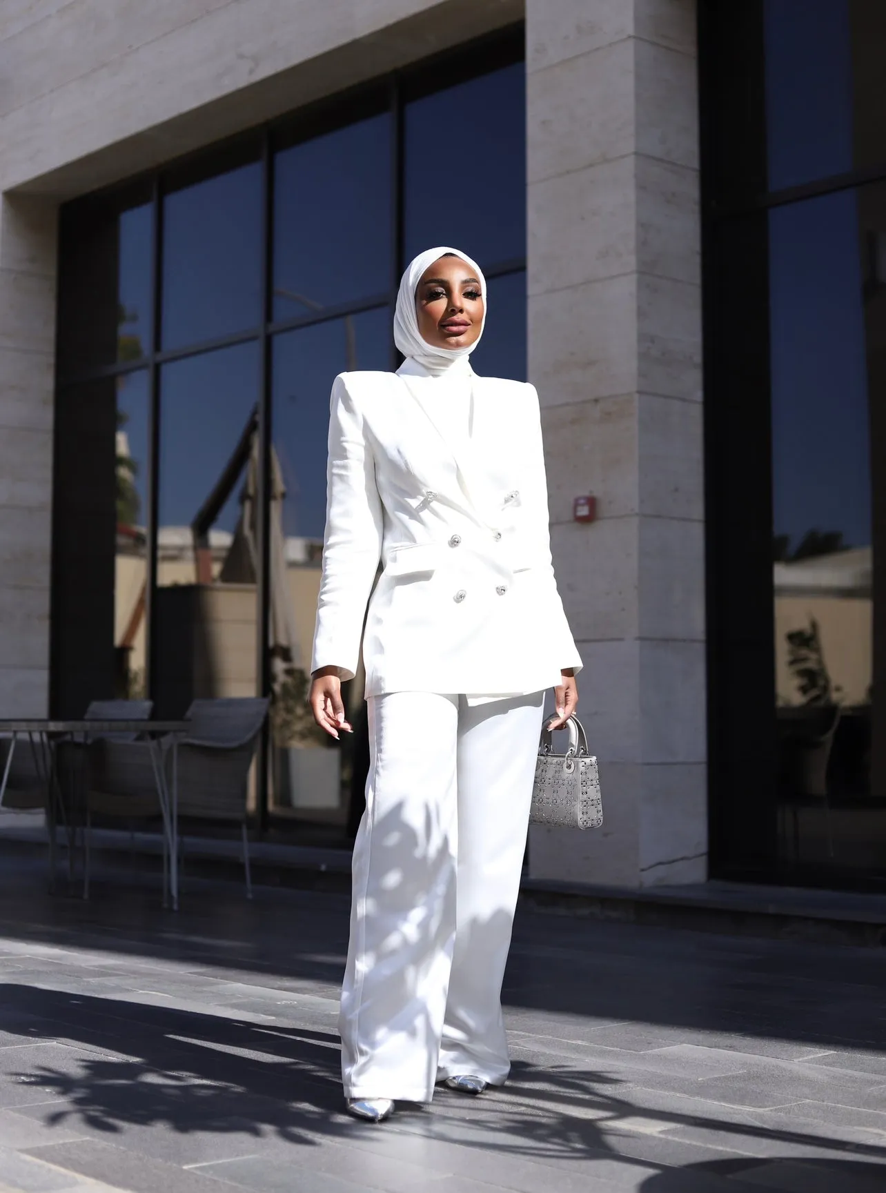 WHITE LUXURY SILK SATIN SUIT WITH DIAMANTÉ BUTTONS