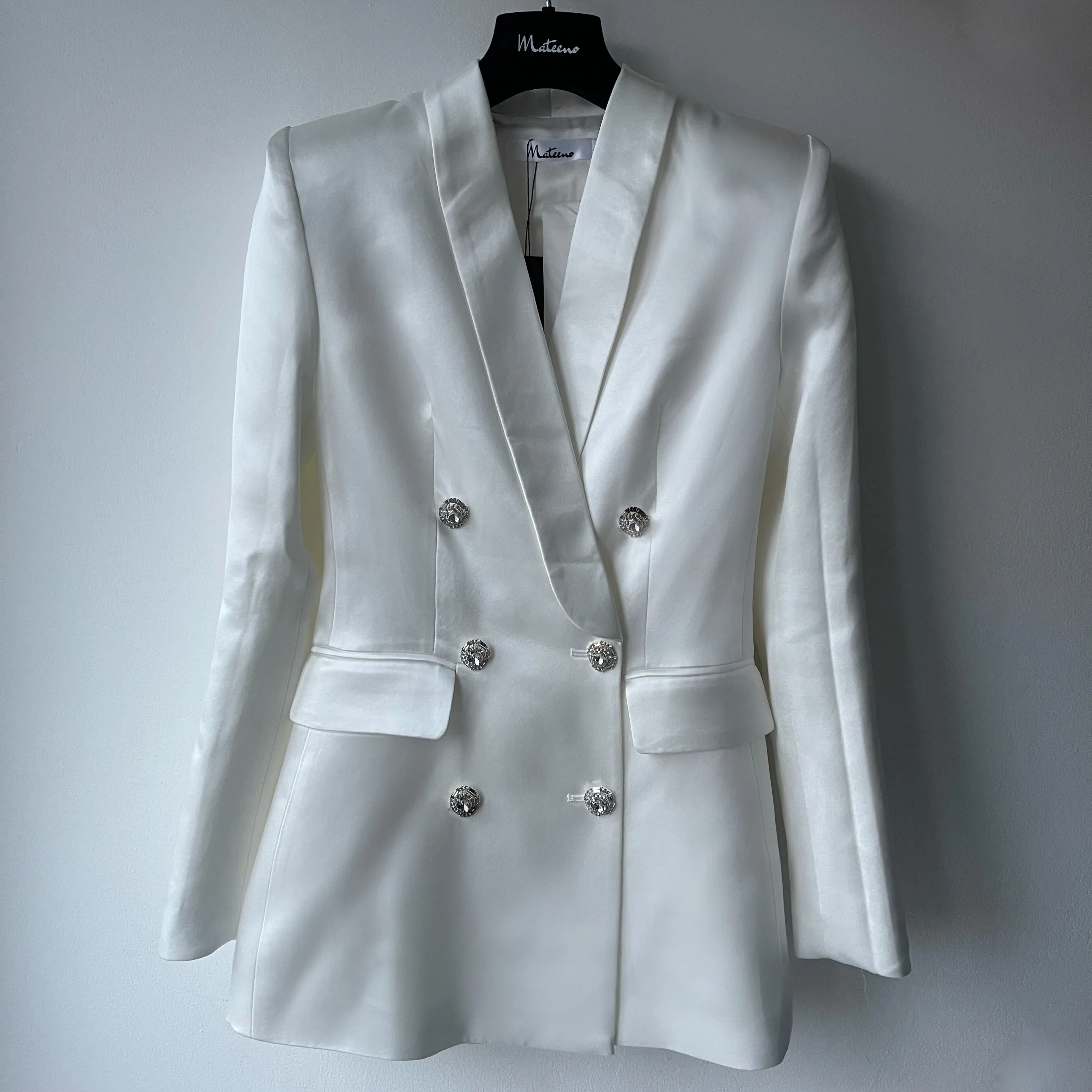 WHITE LUXURY SILK SATIN SUIT WITH DIAMANTÉ BUTTONS