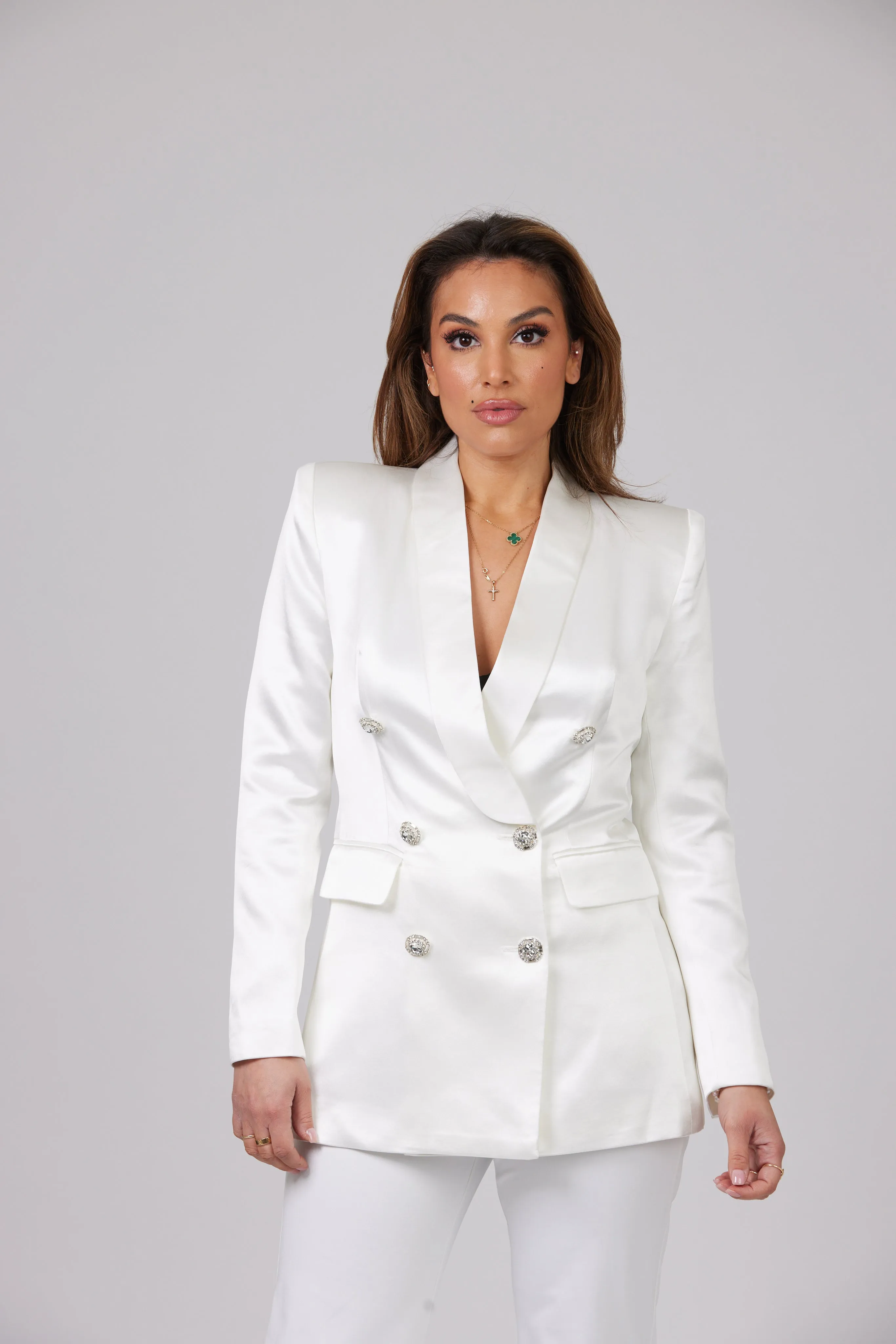 WHITE LUXURY SILK SATIN SUIT WITH DIAMANTÉ BUTTONS