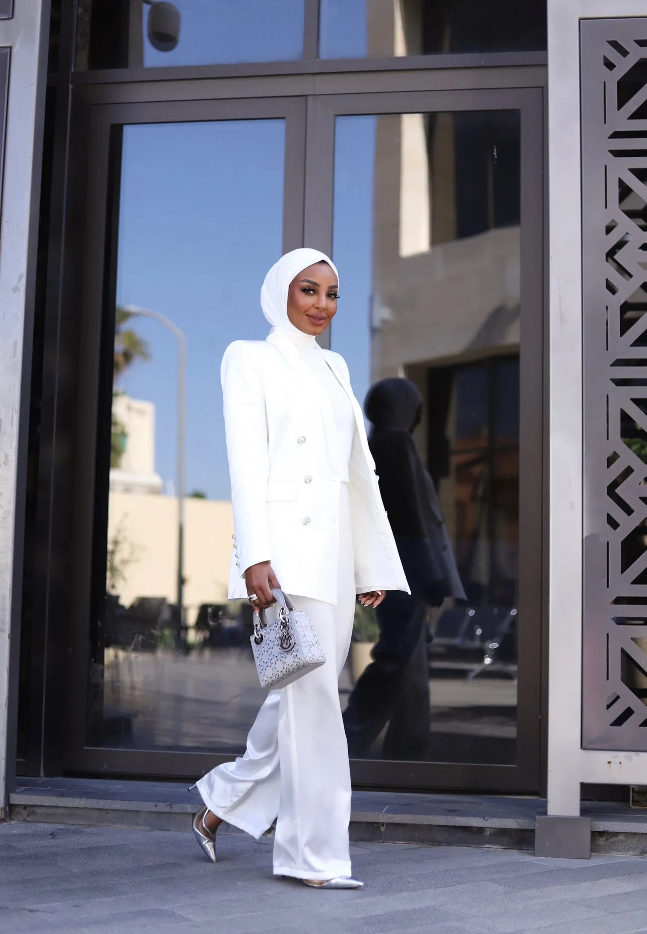 WHITE LUXURY SILK SATIN SUIT WITH DIAMANTÉ BUTTONS