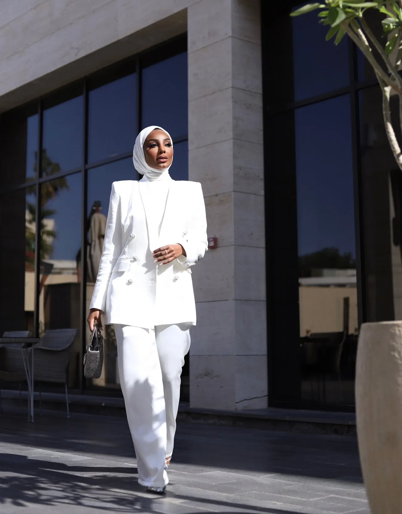 WHITE LUXURY SILK SATIN SUIT WITH DIAMANTÉ BUTTONS