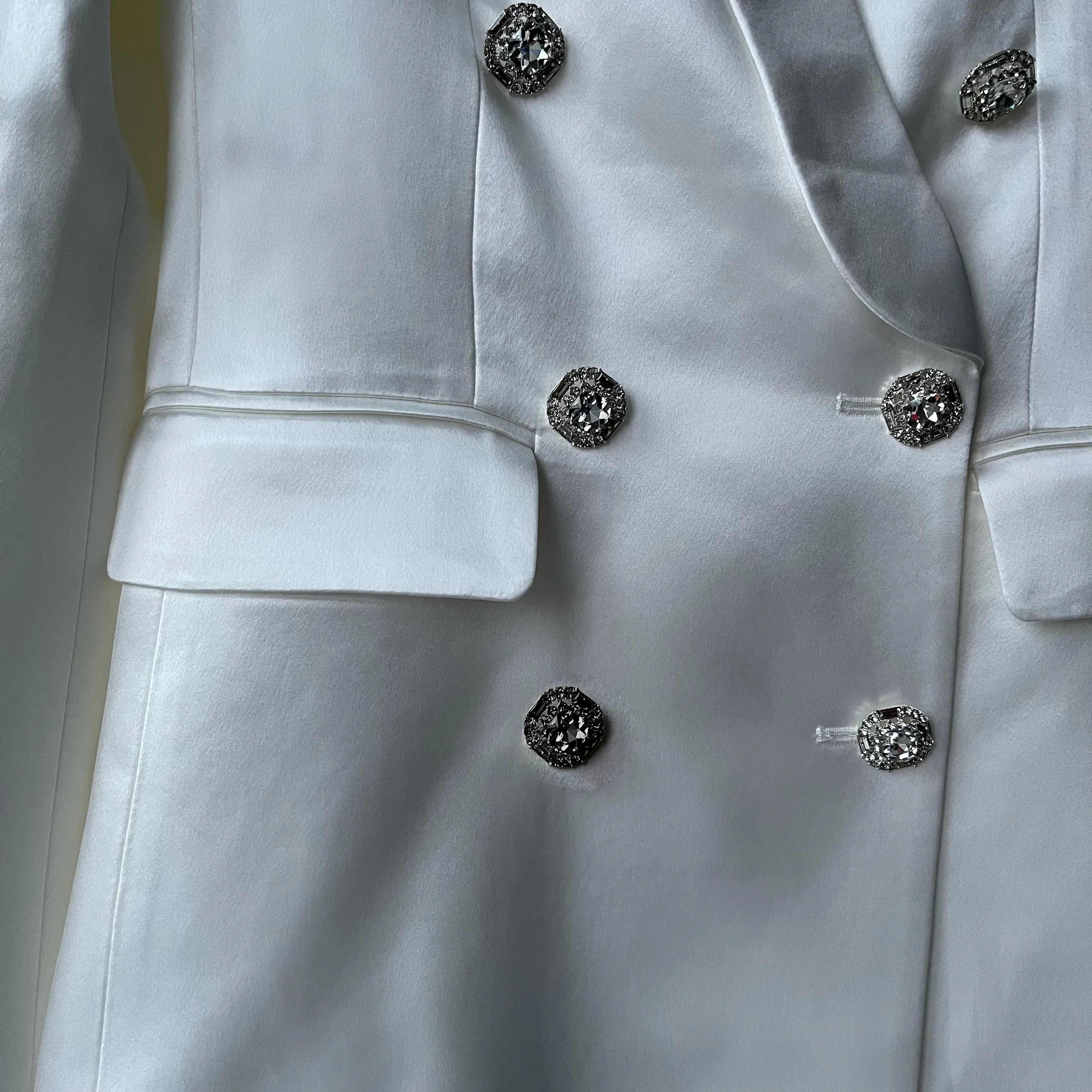WHITE LUXURY SILK SATIN SUIT WITH DIAMANTÉ BUTTONS