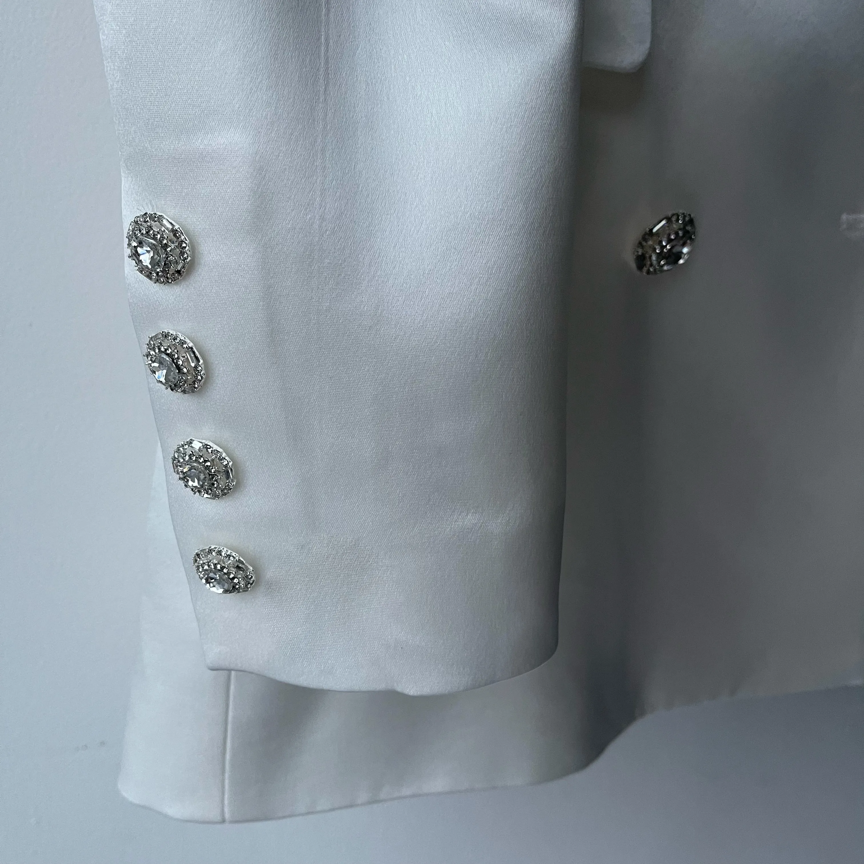 WHITE LUXURY SILK SATIN SUIT WITH DIAMANTÉ BUTTONS