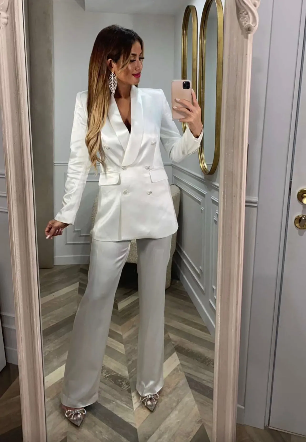 WHITE LUXURY SILK SATIN SUIT WITH DIAMANTÉ BUTTONS