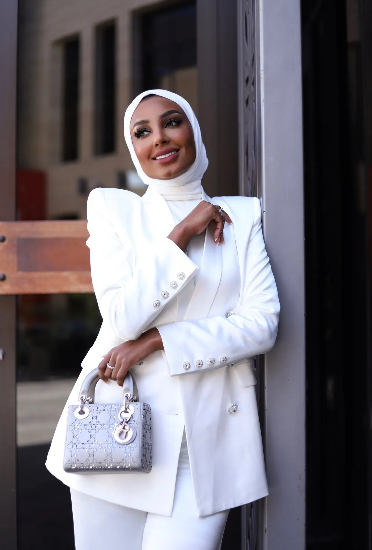 WHITE LUXURY SILK SATIN SUIT WITH DIAMANTÉ BUTTONS