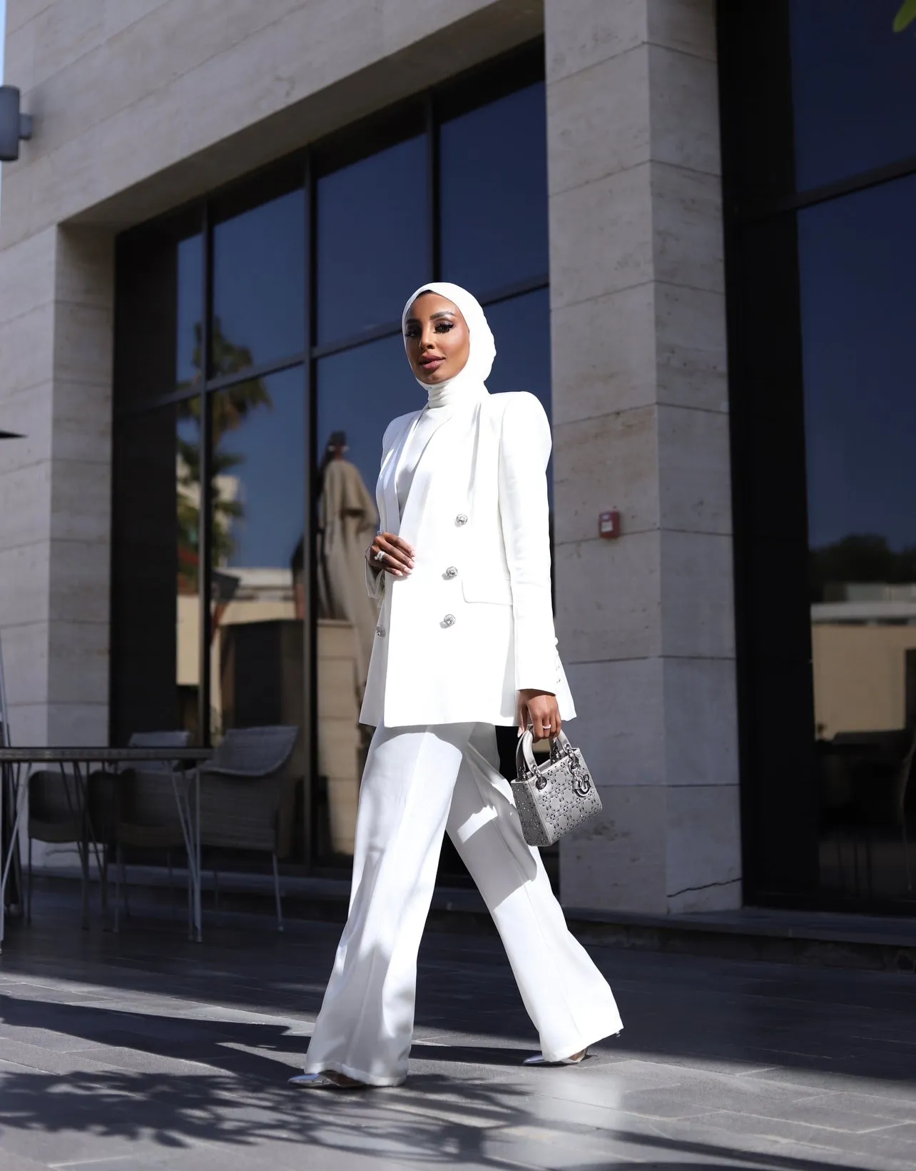 WHITE LUXURY SILK SATIN SUIT WITH DIAMANTÉ BUTTONS