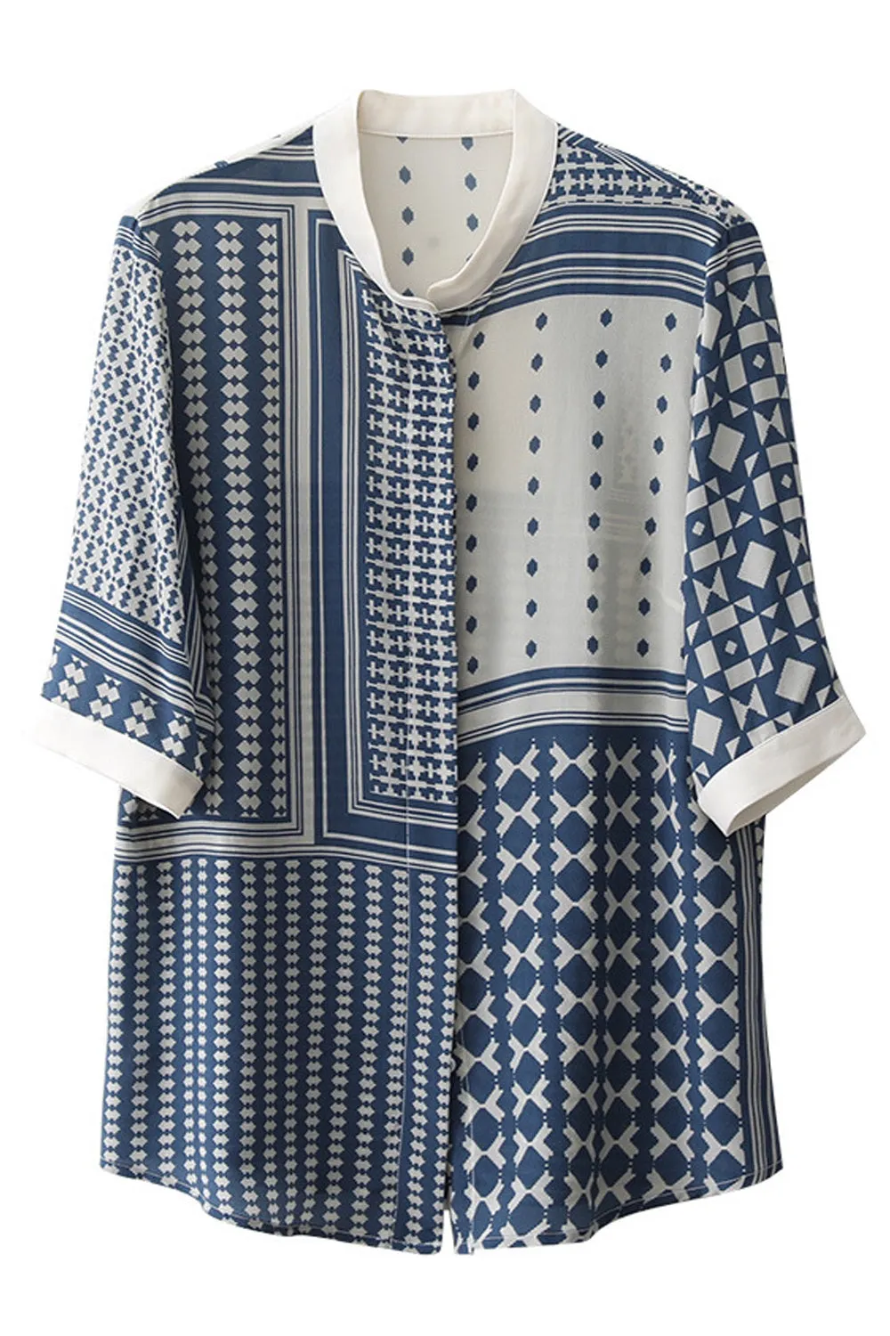 Women Stand Up Collar Elbow Sleeve Lovely Striped Pattern Button Closure Summer Stylish Shirt - C955JPSB